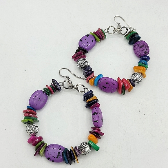 Vintage Jewelry - Beaded Multicolor French Hook Dangle Hoop Earrings Boho 90s Vintage